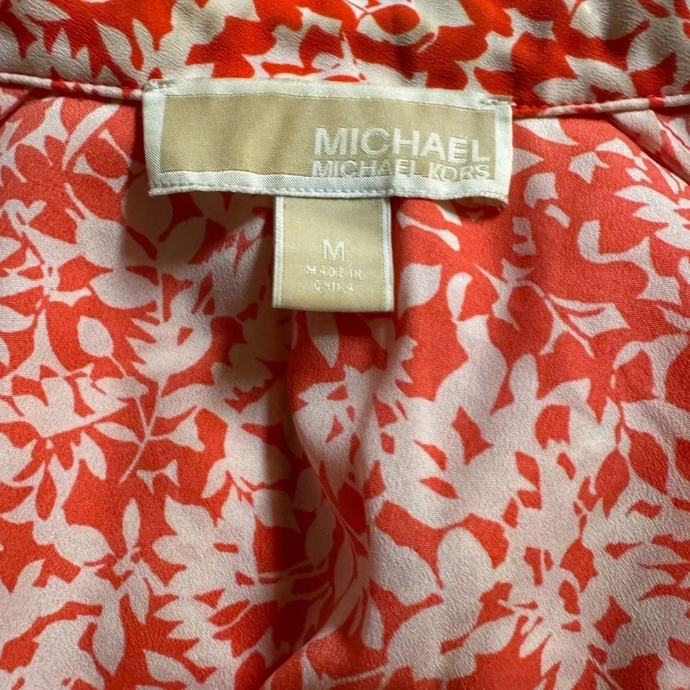 Michael Michael Kors Red White Floral Blouse Chain Tie Neck Top Size M